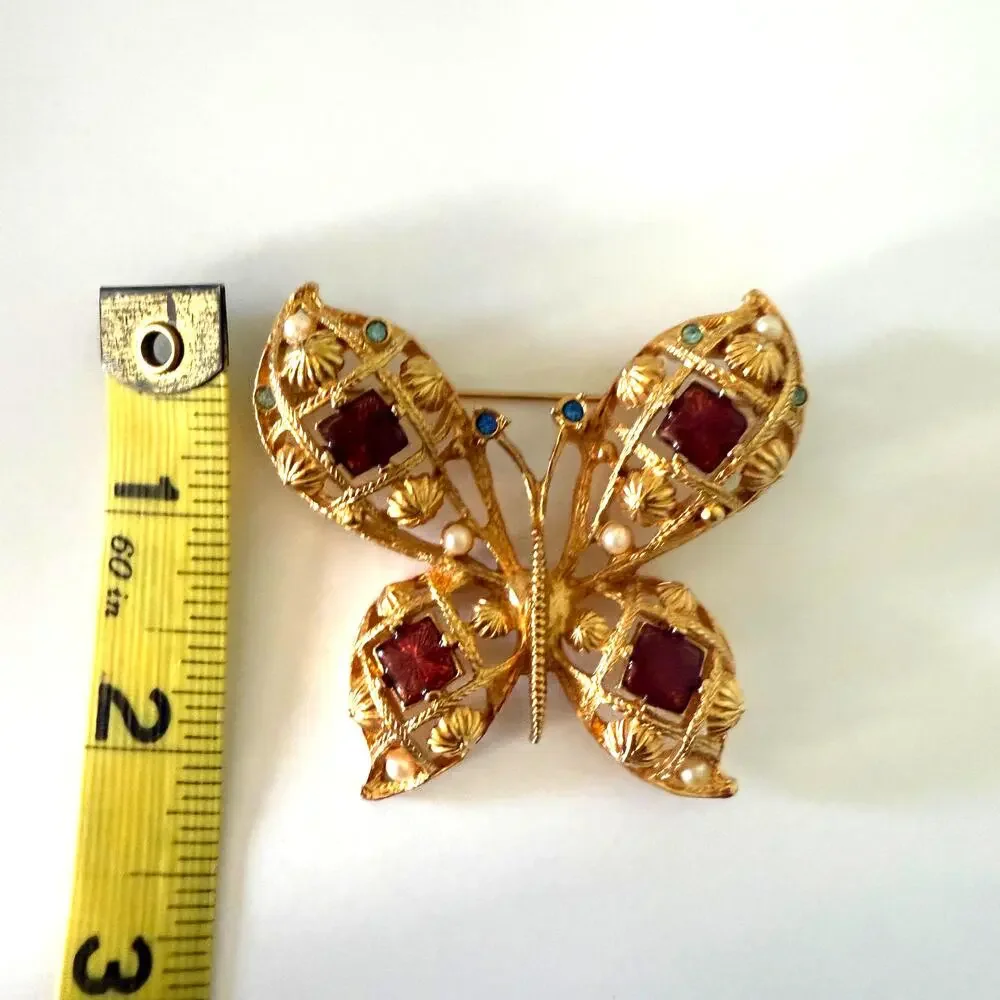 Vintage 1970s Avon Gold Jeweled Boho Butterfly Brooch Pin - Picture 6 of 8